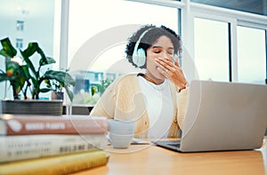 Business, burnout and tired woman yawn with laptop in office sleepy, low energy or lazy. Fatigue, exhausted and female