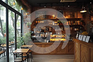 Business cafe, Empty coffee shop interior daytime with wooden design