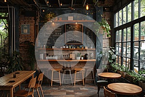 Business cafe, Empty coffee shop interior daytime with wooden design