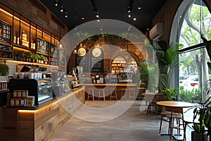 Business cafe, Empty coffee shop interior daytime with wooden design