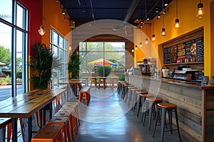 Business cafe, Empty coffee shop interior daytime with wooden design