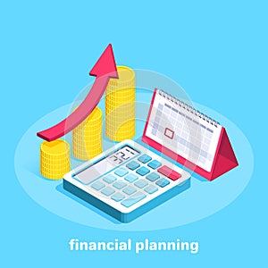 Business calendar and gold coins next to a calculator, budget planning and financing