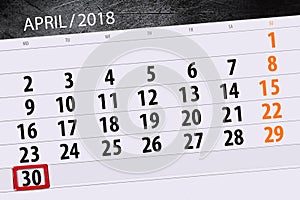 The daily business calendar page 2018 April 30