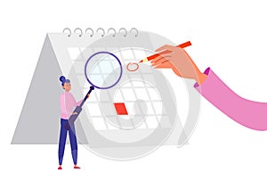 Business calendar planning concept, vector illustration, tiny flat woman character hold magnifying glass, time
