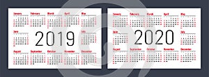 Business calendar set 2019, 2020. Vector basic grid. Simple