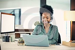 Business, call center and black woman with a laptop, customer service and help with headphones. Female person, agent or