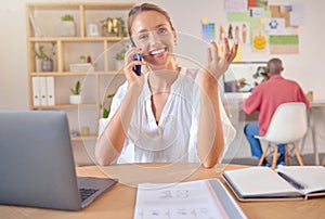 Business call, phone and portrait of a woman in a office with communication and networking. Happy, female and mobile