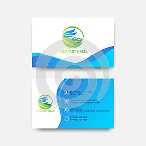 Business card design blue smooth ocean wave lines curve with green leaf eco logo natural vector