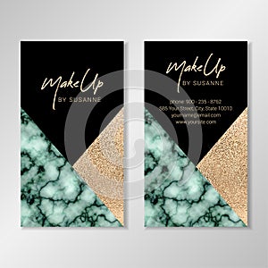 Business card design with green marble texture and faux gold foil.