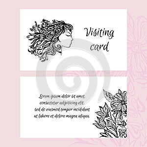 Business card. Double-sided card design. Young girl with flowers in her hair. Beautiful templates for business cards, flyers,