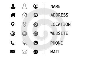Business card, finance and communication icons. Contact information symbols