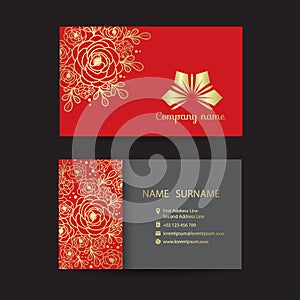 Business card - Gold Border line Bouquet of floral and company logo on red background vector design