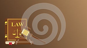 Business card for lawyer or judicial worker. judge hammer and law book on brown background. Conceptual banner. Flat