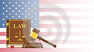 Business card for lawyer or judicial worker. judge hammer and law book on US flag background. Conceptual banner. Flat