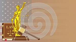 Business card for lawyer or judicial worker. Statue of justice with judge hammer and law book on US flag background