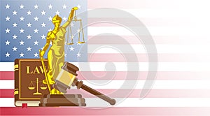 Business card for lawyer or judicial worker. Statue of justice with judge hammer and law book on US flag background