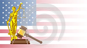 Business card for lawyer or judicial worker. Statue of justice with judge hammer and law book on US flag background