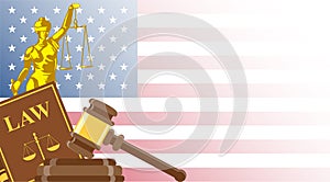 Business card for lawyer or judicial worker. Statue of justice with judge hammer and law book on US flag background
