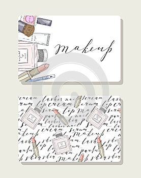 Business card for makeup artist with pattern words about beauty, cosmetics.