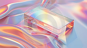 business card mockup, neon pink, on floating 3D iridescent glass, organic forms, light refraction