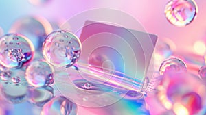 business card mockup, neon pink, on floating 3D iridescent glass, organic forms, light refraction