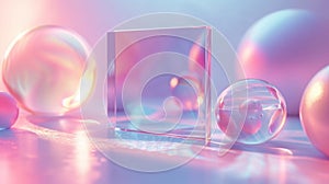 business card mockup, neon pink, on floating 3D iridescent glass, organic forms, light refraction