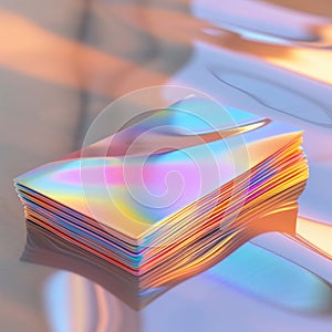 business card mockup, neon pink, on floating 3D iridescent glass, organic forms, light refraction