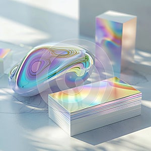 business card mockup, neon pink, on floating 3D iridescent glass, organic forms, light refraction