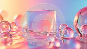 business card mockup, neon pink, on floating 3D iridescent glass, organic forms, light refraction