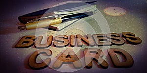 business card presented on water drops abstract background with diary and pen