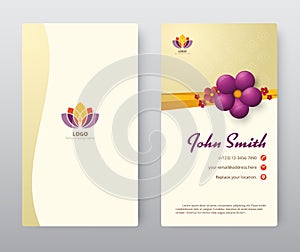 Business card with purple floral template design. vector illustration.