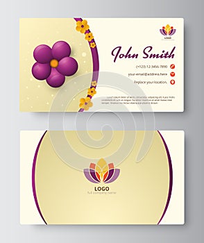 Business card with purple floral template design. vector illustration.