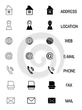 Business card set monochrome icons, home, phone, address, telephone, fax, web, location symbols