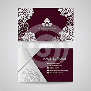 Business card - Silver floral frame and leaf logo on Crimson background