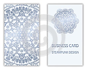 Business card with steampunk design elements.