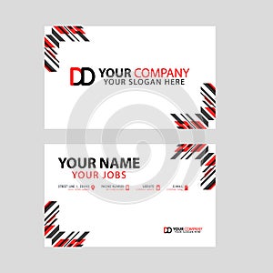 Business card template in black and red. with a flat and horizontal design plus the DD logo Letter on the back.