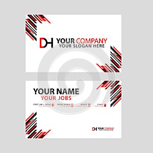 Business card template in black and red. with a flat and horizontal design plus the DH logo Letter on the back.