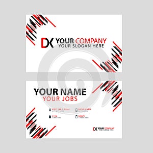 Business card template in black and red. with a flat and horizontal design plus the DK logo Letter on the back.