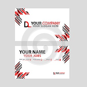 Business card template in black and red. with a flat and horizontal design plus the DL logo Letter on the back.