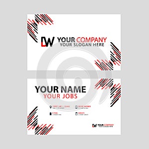 Business card template in black and red. with a flat and horizontal design plus the DW logo Letter on the back.