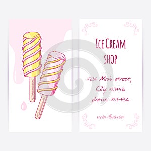 Business card template with hand drawn twisted fruity popsicle and drops