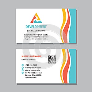 Business card template with logo - concept design. Triangle pyramid success visit card branding. Cooperation communication symbol.