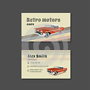 Business card template for retro cars company. Retro red car logo. Vector illustration