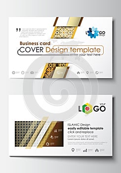 Business card templates. Cover design template, easy editable blank, abstract flat layout. Islamic gold pattern