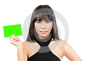 Business card woman. Portrait of a young beautiful businesswoman holding a blank paper sign