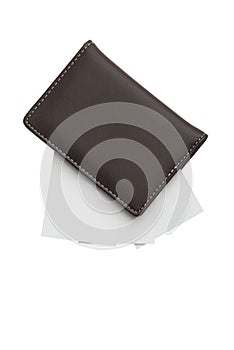 Business cards in closed leather card holder