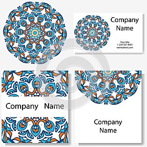 Business cards collection. Ornament for your design with lace mandala. Vector background. Indian, Arabic, Islam motifs.