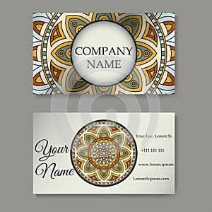 Business cards collection. Ornament for your design with lace mandala. Vector background. Indian, Arabic, Islam motifs.