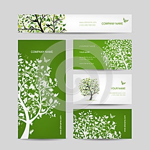 Business cards design, spring tree with birds