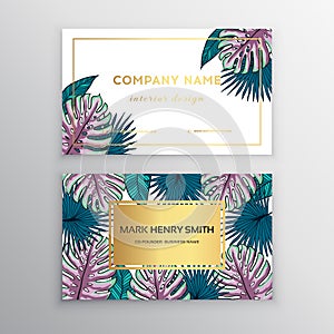 Business cards gold design, tropical leaf. Vector illustration. Corporate identity templates in tropical style